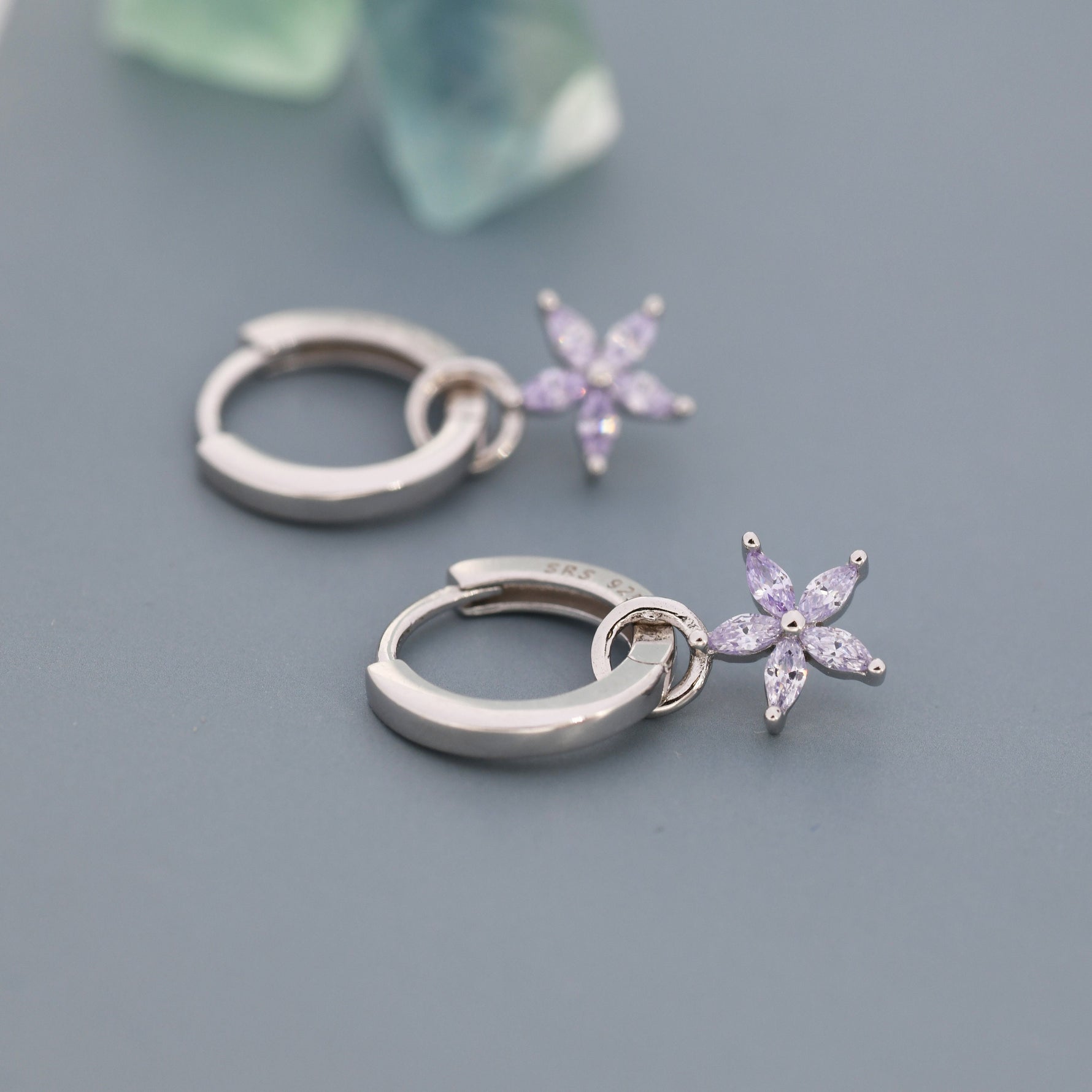 Lilac Purple Flower CZ Huggie Hoop in Sterling Silver, Silver or Gold, Minimalist Simple Hoop Earrings, Detachable and Interchangeable