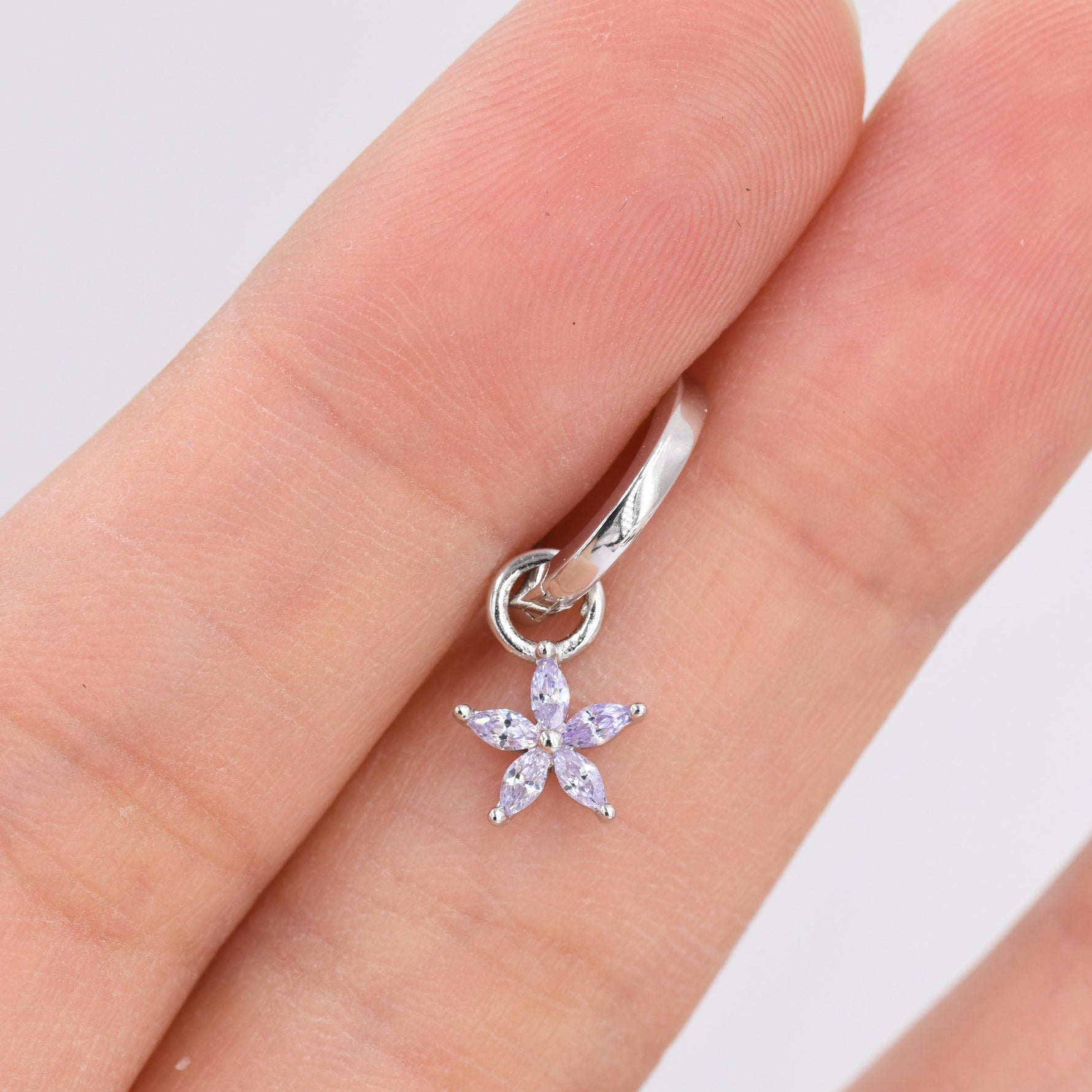 Lilac Purple Flower CZ Huggie Hoop in Sterling Silver, Silver or Gold, Minimalist Simple Hoop Earrings, Detachable and Interchangeable
