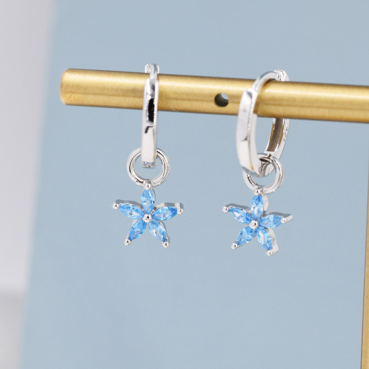 Aquamarine Blue Forget-me-not CZ Flower CZ Huggie Hoop in Sterling Silver, March Birthstone, Detachable and Interchangeable