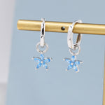 Aquamarine Blue Forget-me-not CZ Flower CZ Huggie Hoop in Sterling Silver, March Birthstone, Detachable and Interchangeable