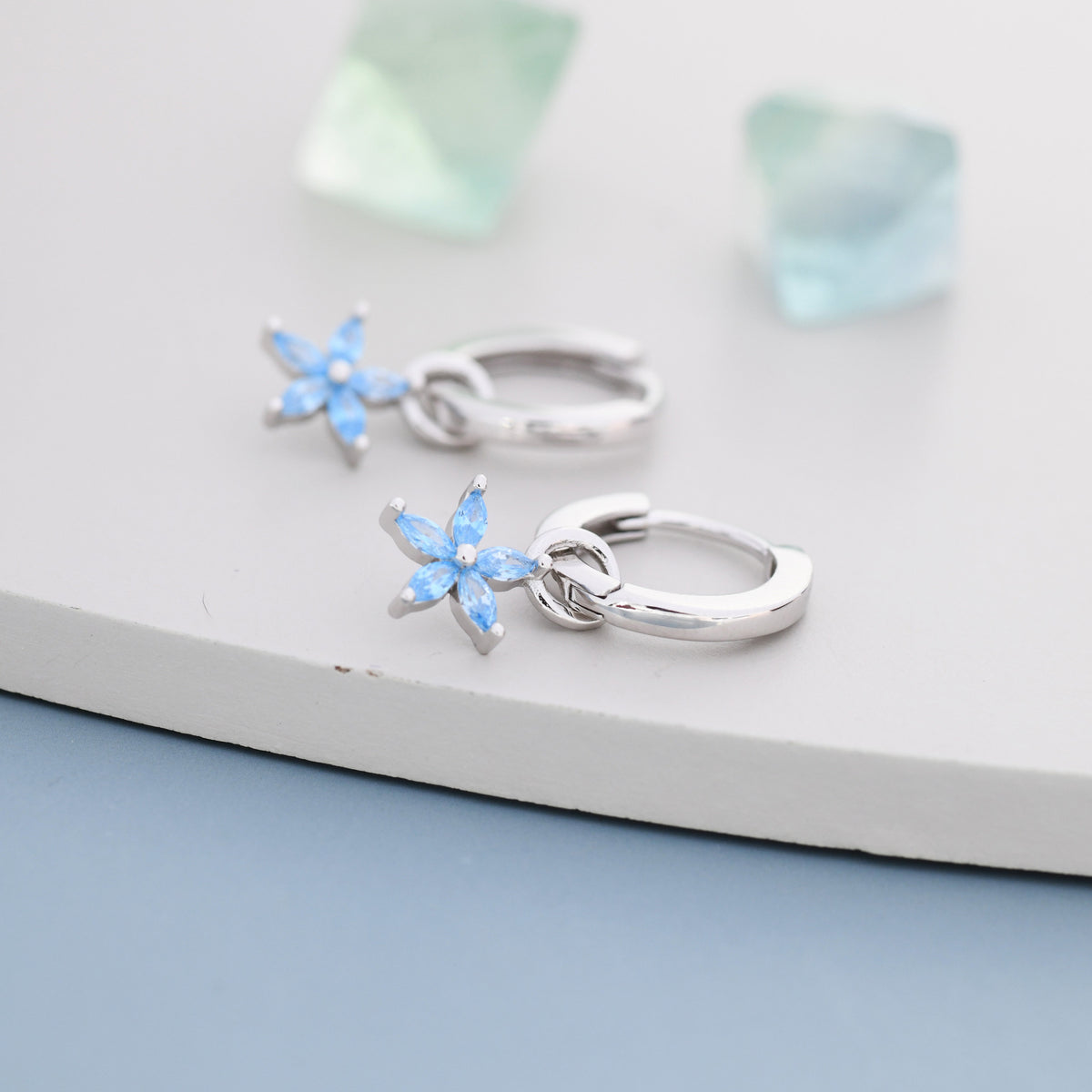Aquamarine Blue Forget-me-not CZ Flower CZ Huggie Hoop in Sterling Silver, March Birthstone, Detachable and Interchangeable