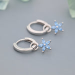Aquamarine Blue Forget-me-not CZ Flower CZ Huggie Hoop in Sterling Silver, March Birthstone, Detachable and Interchangeable