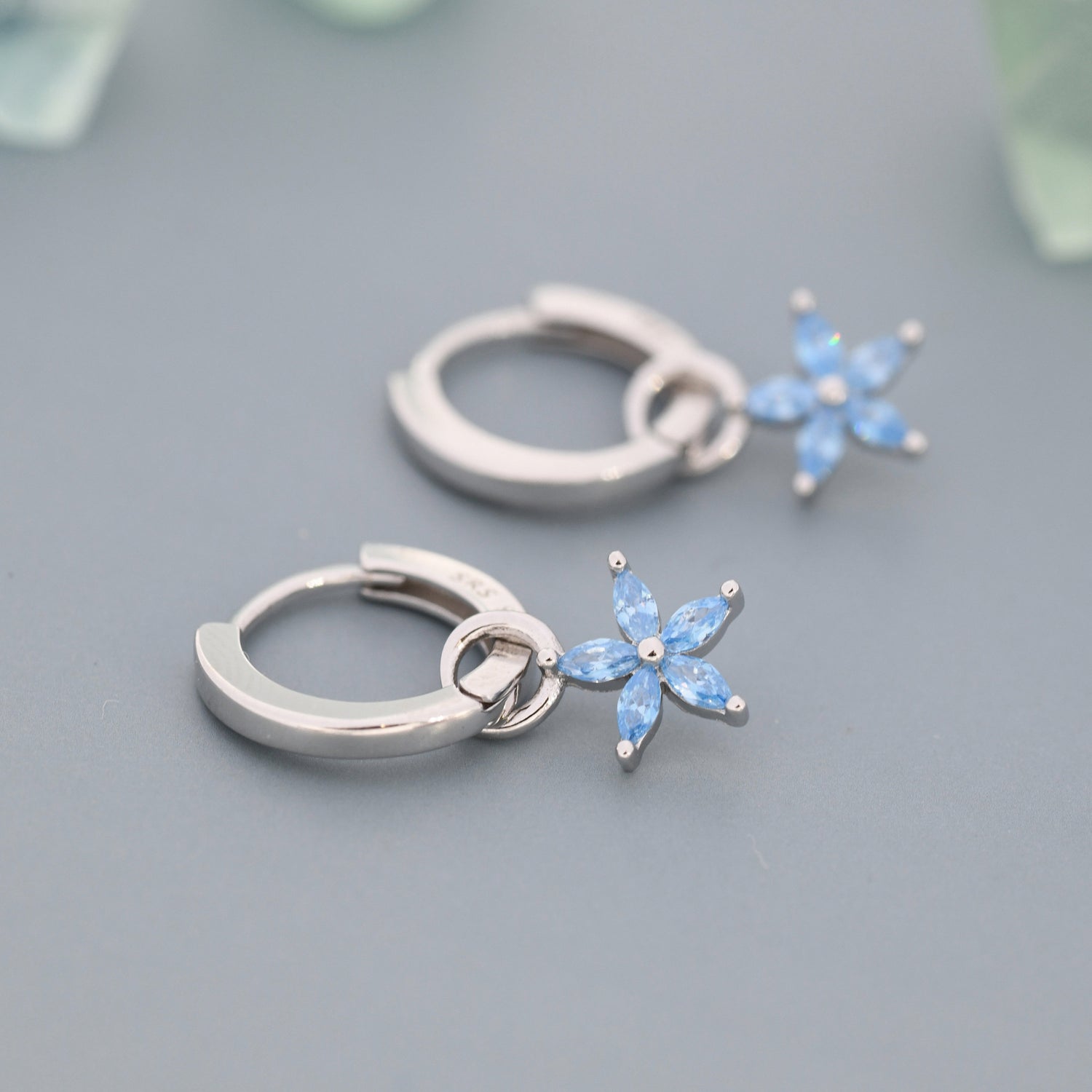 Aquamarine Blue Forget-me-not CZ Flower CZ Huggie Hoop in Sterling Silver, March Birthstone, Detachable and Interchangeable