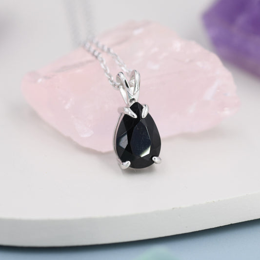 Onyx Black Pear Cut CZ Necklace in Sterling Silver, 7 x 9mm, Droplet Black Diamond Necklace, Diamond CZ