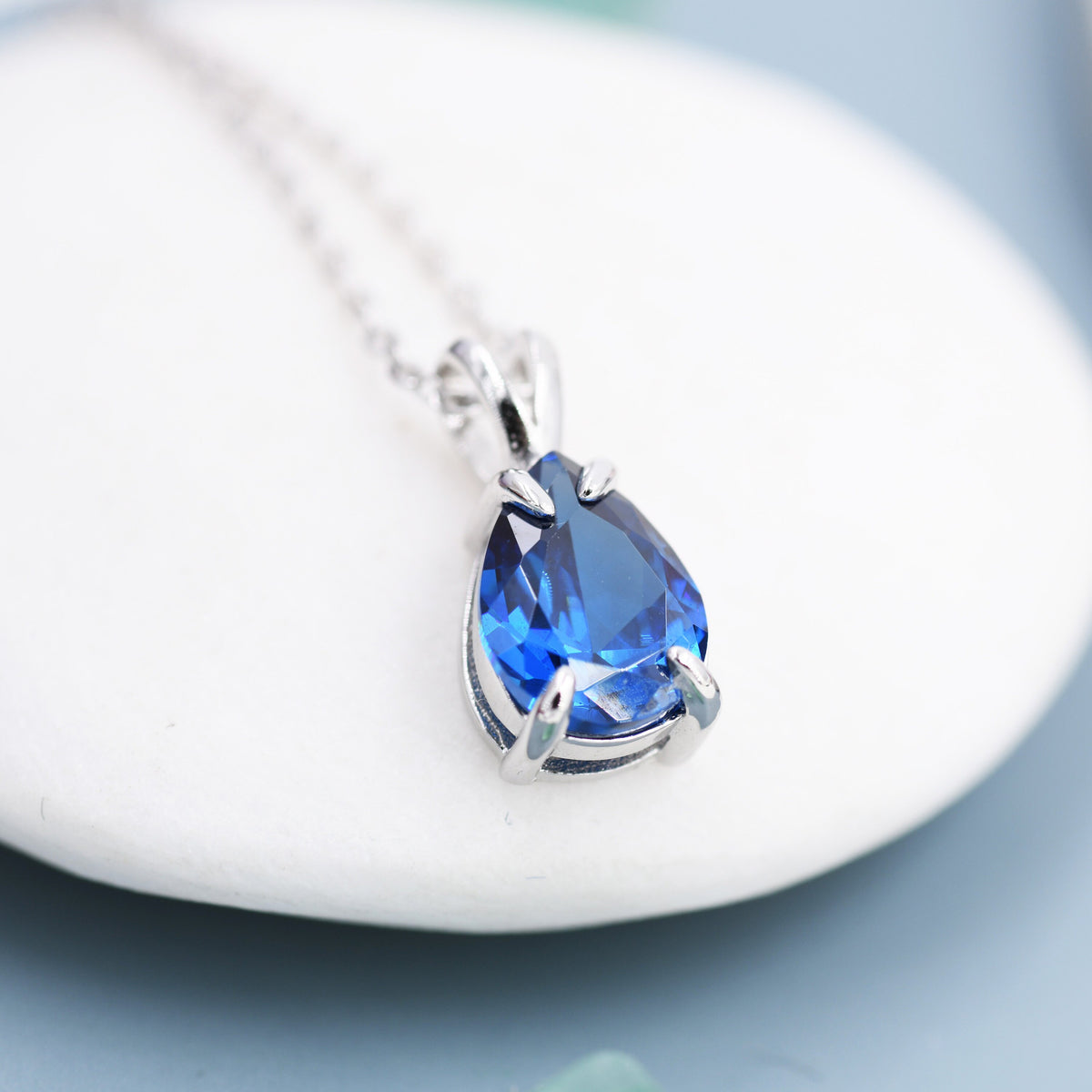 Sapphire Blue Pear Cut CZ Necklace in Sterling Silver, 7 x 9mm, Blue Droplet necklace, Diamond CZ, September Birthstone