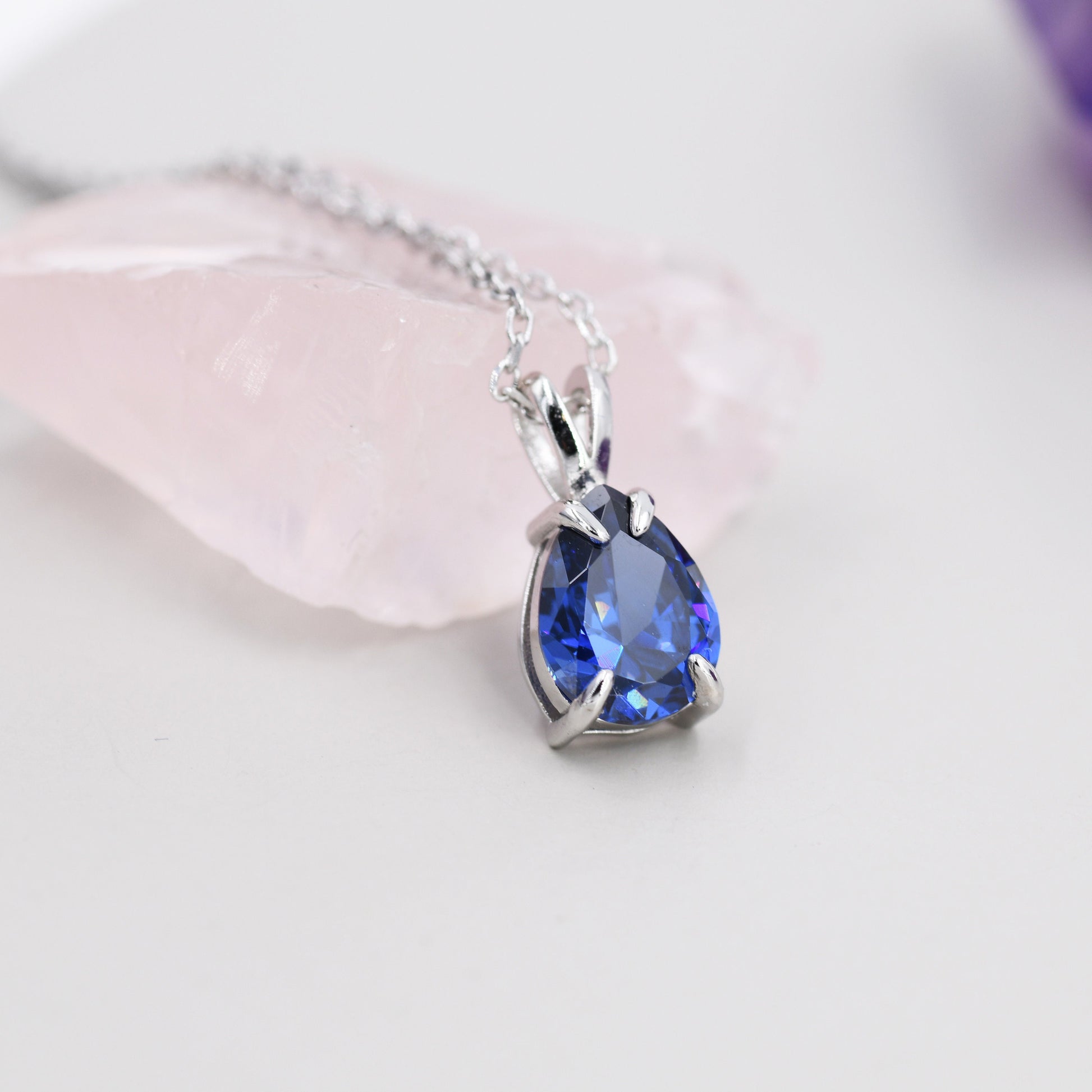 Royal Sapphire Blue Pear Cut CZ Necklace in Sterling Silver, 7 x 9mm, Dark Blue Droplet necklace, Diamond CZ, September Birthstone