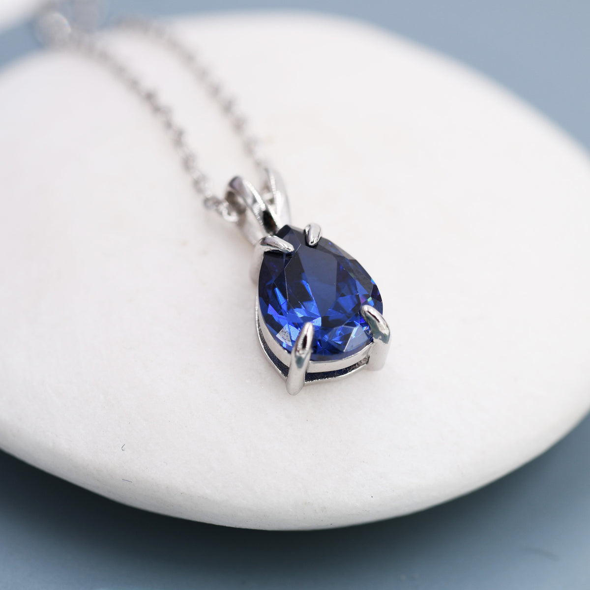 Royal Sapphire Blue CZ Pear Pendant Necklace