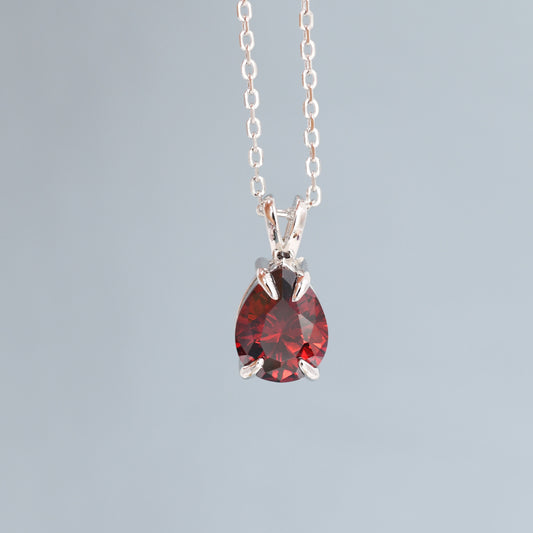 Garnet Red Pear Cut CZ Necklace in Sterling Silver, 7 x 9mm, Dark Red Droplet necklace, Diamond CZ, January Birthstone