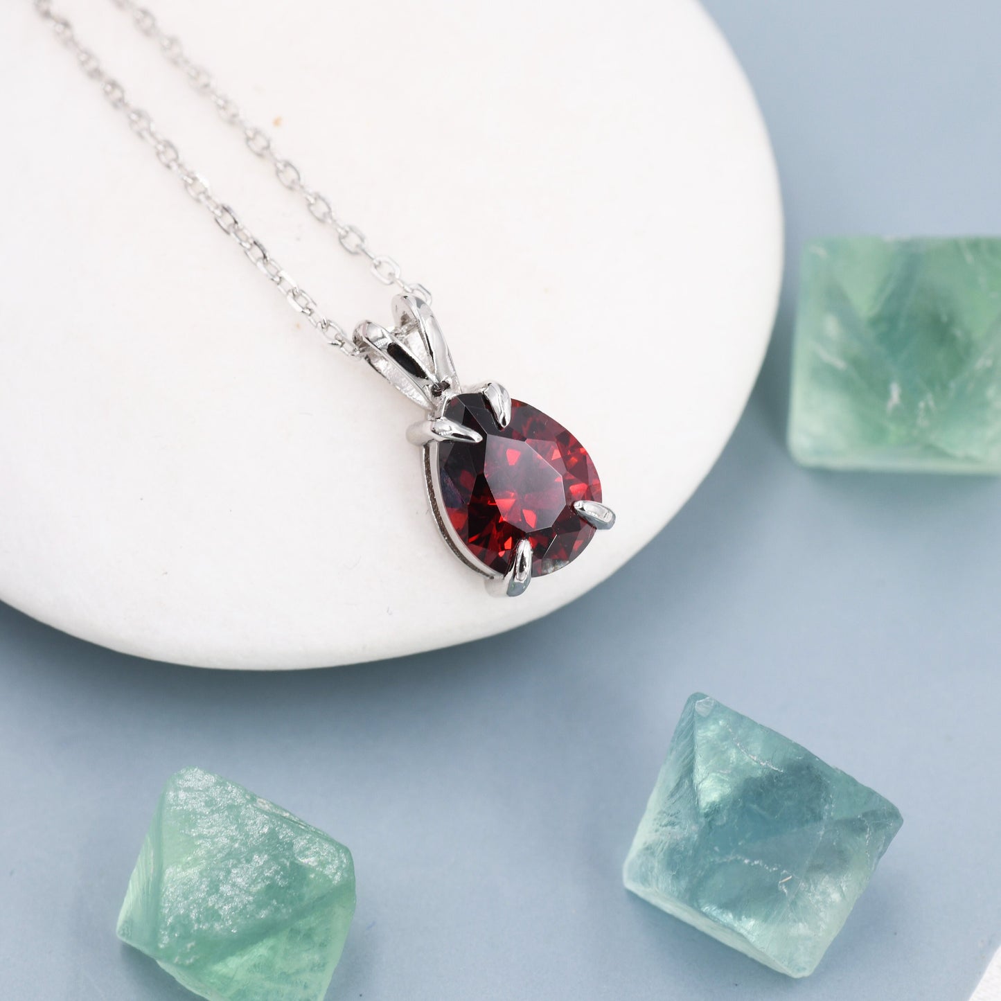 Garnet Red Pear Cut CZ Necklace in Sterling Silver, 7 x 9mm, Dark Red Droplet necklace, Diamond CZ, January Birthstone