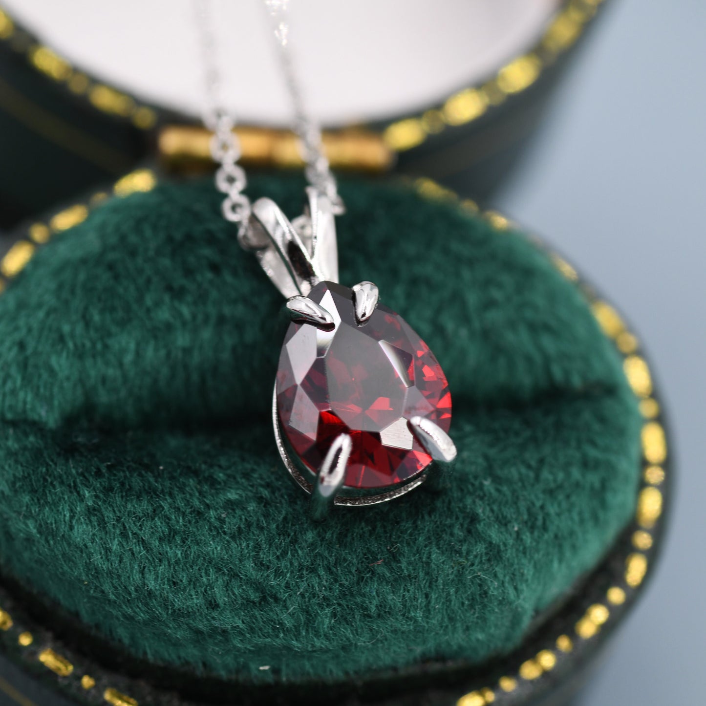 Garnet Red Pear Cut CZ Necklace in Sterling Silver, 7 x 9mm, Dark Red Droplet necklace, Diamond CZ, January Birthstone