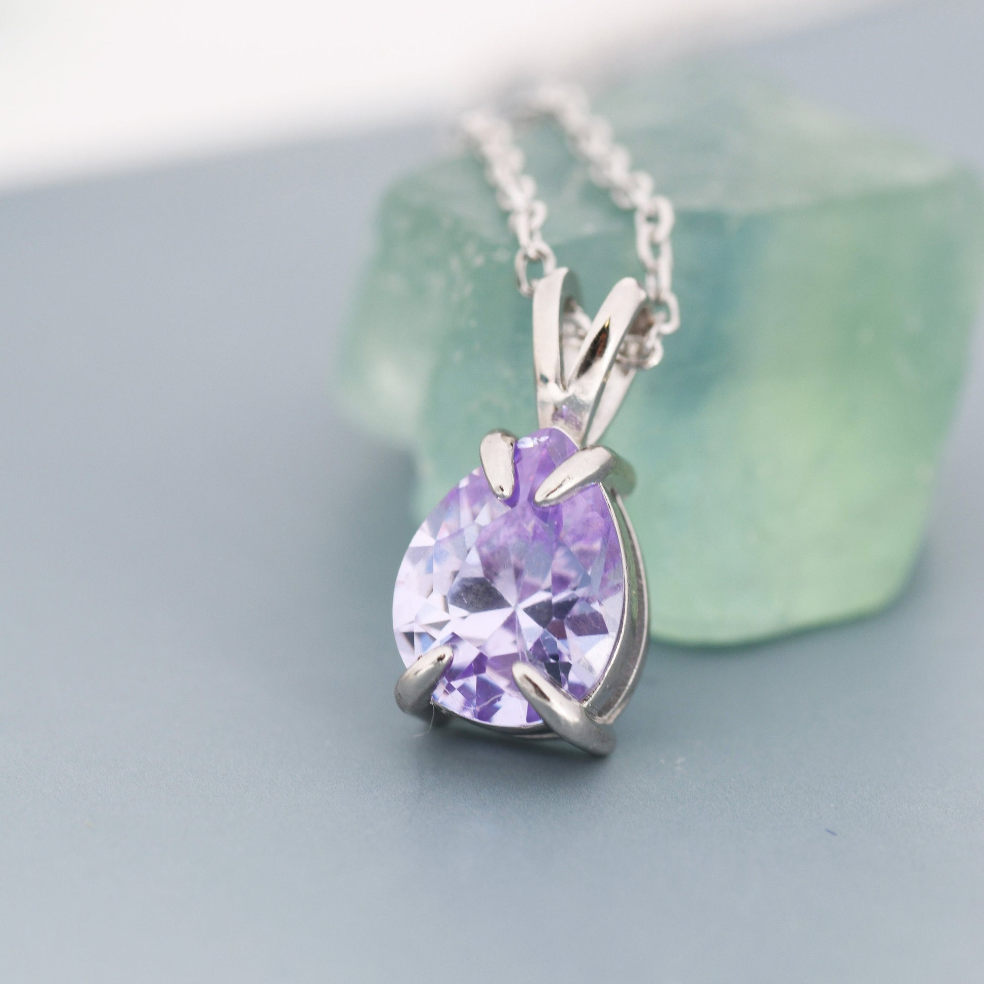 Alexandrite Purple Blue Pear Cut CZ Necklace in Sterling Silver, 7 x 9mm, Purple Droplet necklace, Diamond CZ, June Birthstone