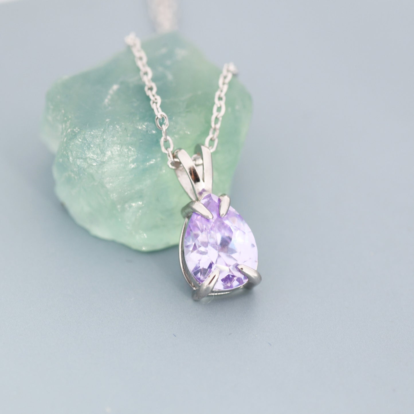 Alexandrite Purple Blue Pear Cut CZ Necklace in Sterling Silver, 7 x 9mm, Purple Droplet necklace, Diamond CZ, June Birthstone