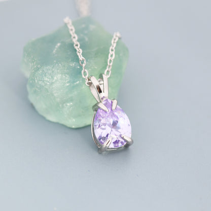 Alexandrite Purple  Blue Pear Cut CZ Necklace in Sterling Silver, 7 x 9mm,  Purple Droplet necklace, Diamond CZ,  June Birthstone