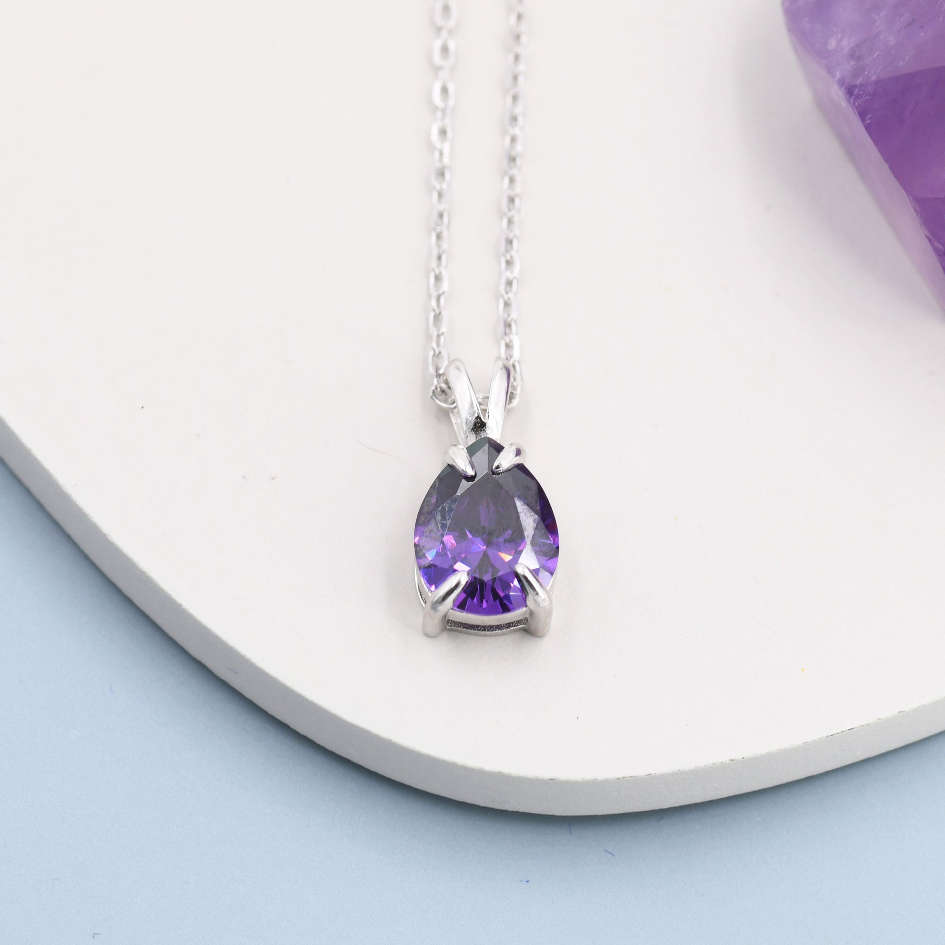 Amethyst Purple Pear Cut CZ Necklace in Sterling Silver, 7 x 9mm, Purple Droplet necklace, Diamond CZ, February Birthstone