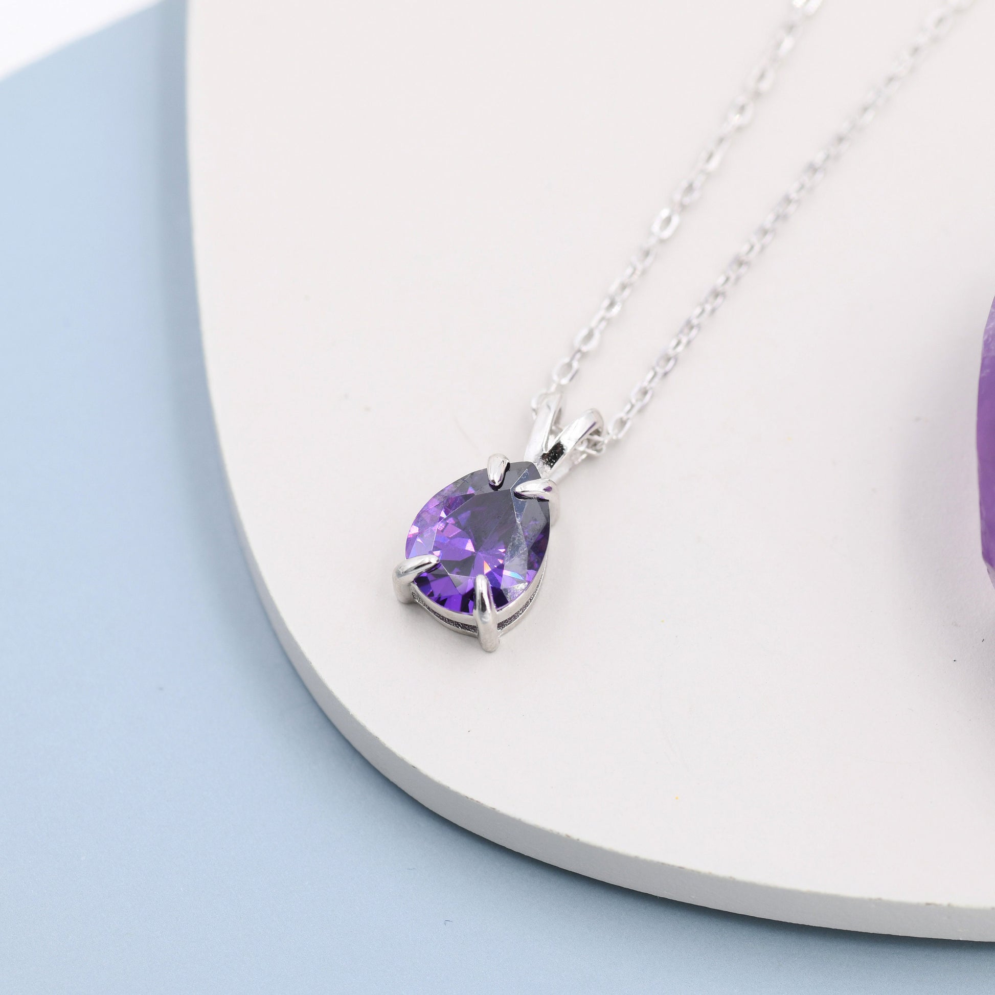 Amethyst Purple Pear Cut CZ Necklace in Sterling Silver, 7 x 9mm, Purple Droplet necklace, Diamond CZ, February Birthstone