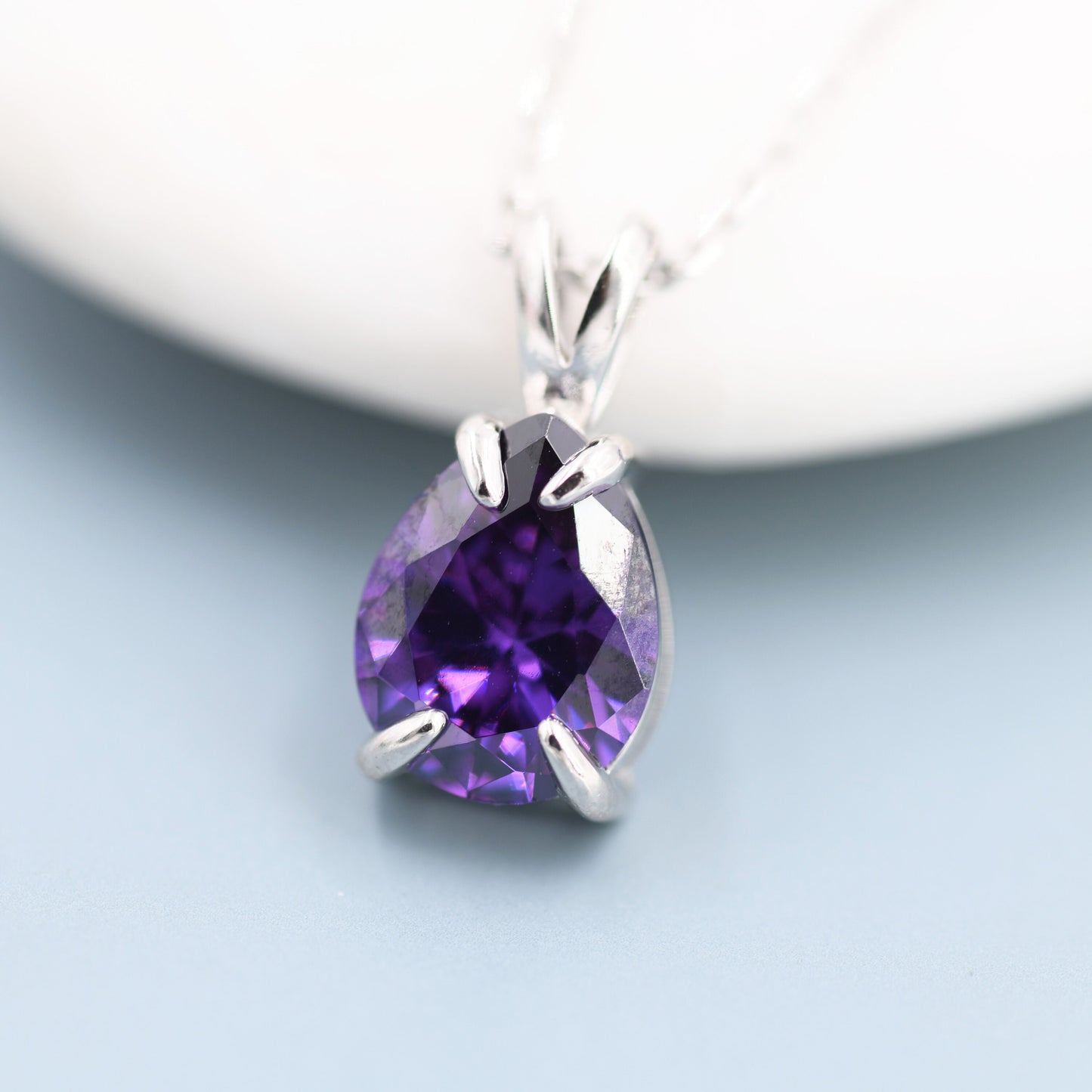 Amethyst Purple Pear Cut CZ Necklace in Sterling Silver, 7 x 9mm, Purple Droplet necklace, Diamond CZ, February Birthstone