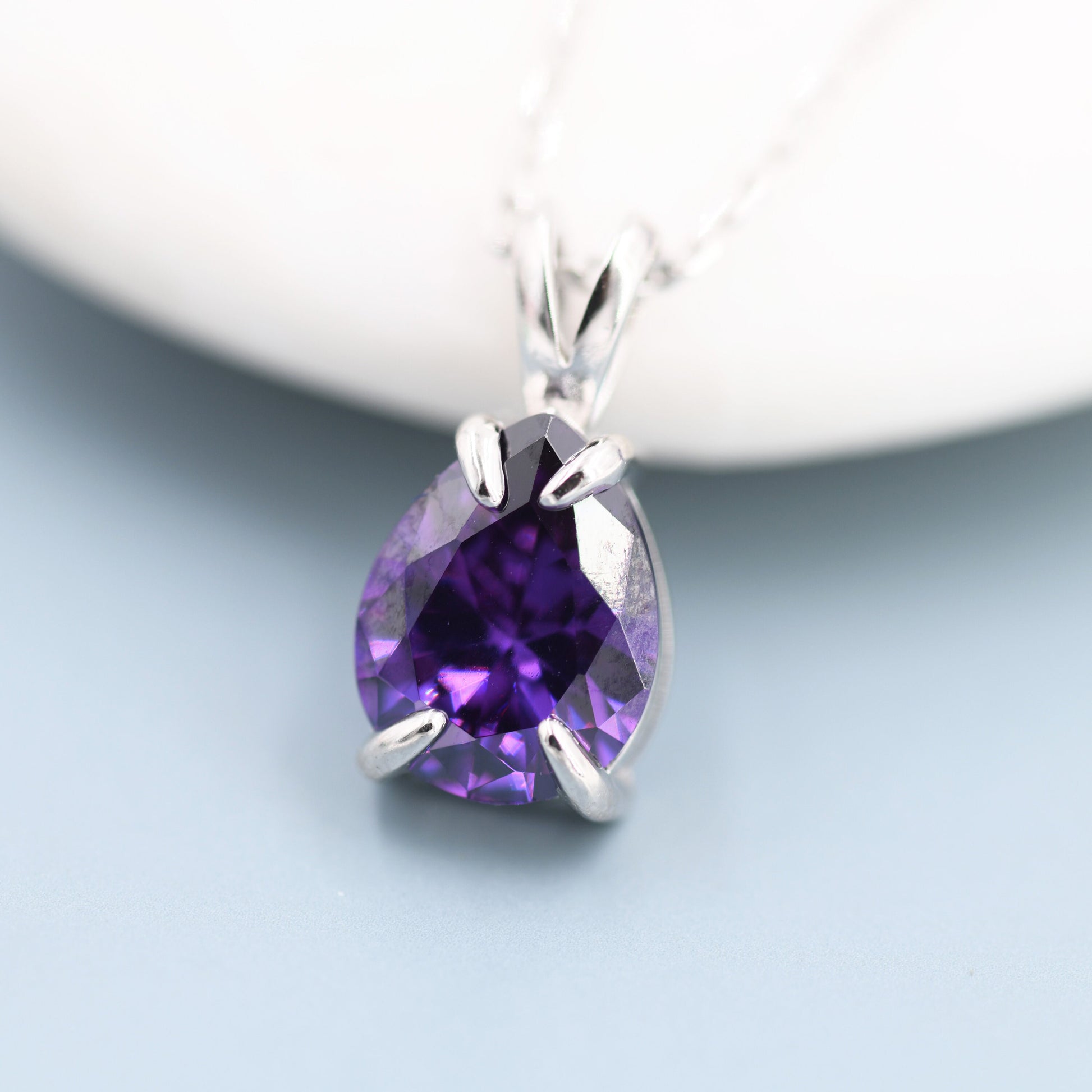 Amethyst Purple Pear Cut CZ Necklace in Sterling Silver, 7 x 9mm, Purple Droplet necklace, Diamond CZ, February Birthstone