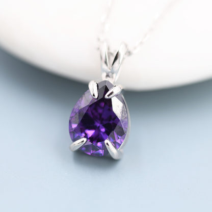 Amethyst Purple Pear Cut CZ Necklace in Sterling Silver, 7 x 9mm, Purple Droplet necklace, Diamond CZ, February Birthstone