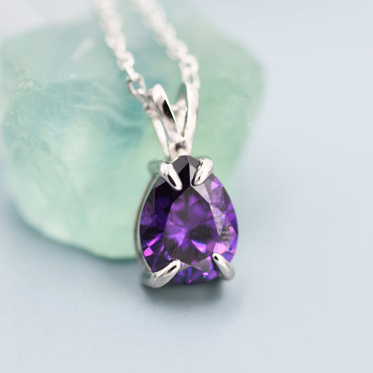 Amethyst Purple Pear Cut CZ Necklace in Sterling Silver, 7 x 9mm, Purple Droplet necklace, Diamond CZ, February Birthstone