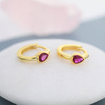 Ruby Red Pear Cut CZ Huggie Hoop in Sterling Silver, Silver or Gold, Minimalist Simple Ruby Pink Hoop Earrings