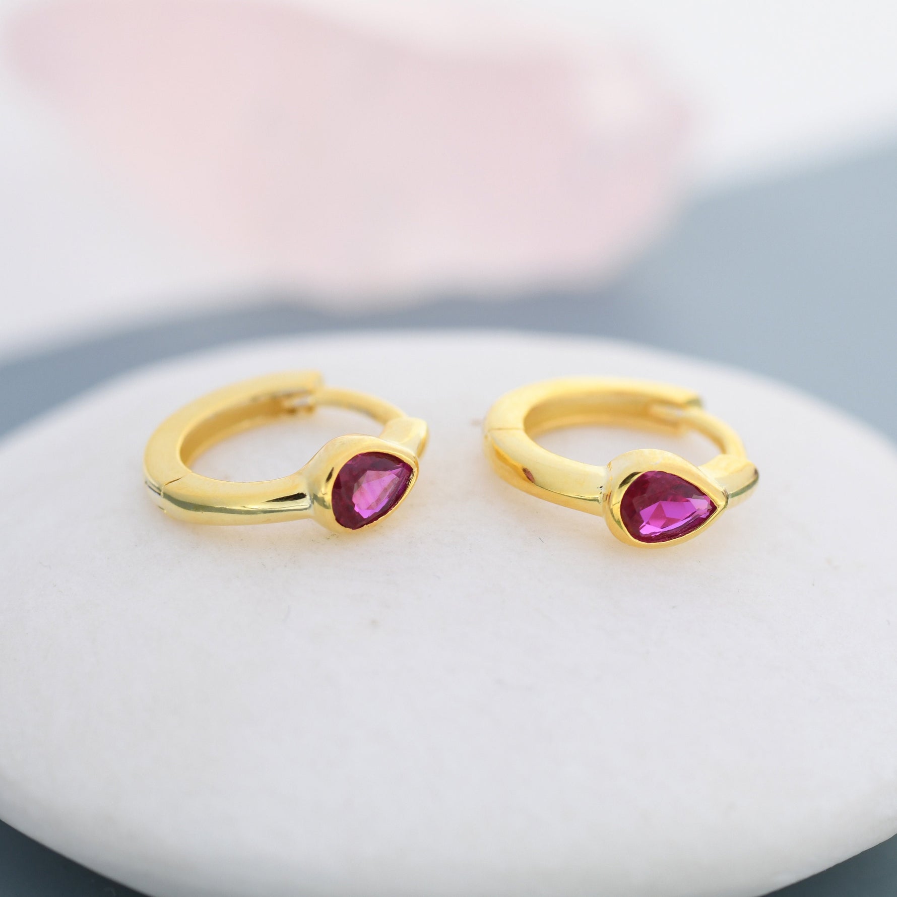 Ruby Red Pear Cut CZ Huggie Hoop in Sterling Silver, Silver or Gold, Minimalist Simple Ruby Pink Hoop Earrings