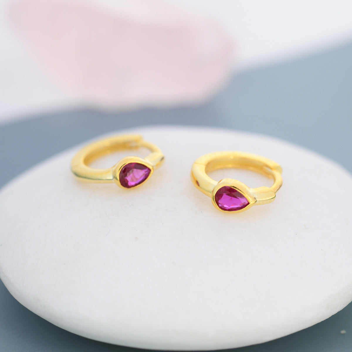 Ruby Red Pear Cut CZ Huggie Hoop in Sterling Silver, Silver or Gold, Minimalist Simple Ruby Pink Hoop Earrings