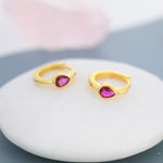 Ruby Red Pear Cut CZ Huggie Hoop in Sterling Silver, Silver or Gold, Minimalist Simple Ruby Pink Hoop Earrings
