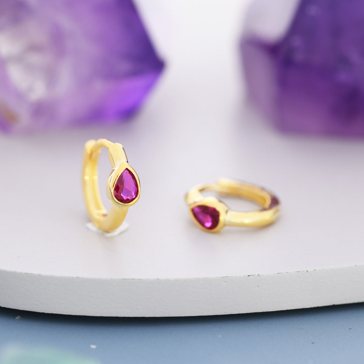 Ruby Red Pear Cut CZ Huggie Hoop in Sterling Silver, Silver or Gold, Minimalist Simple Ruby Pink Hoop Earrings