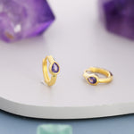 Amethyst Purple Pear Cut CZ Huggie Hoop in Sterling Silver, Silver or Gold, Minimalist Simple Amethyst Purple Hoop Earrings