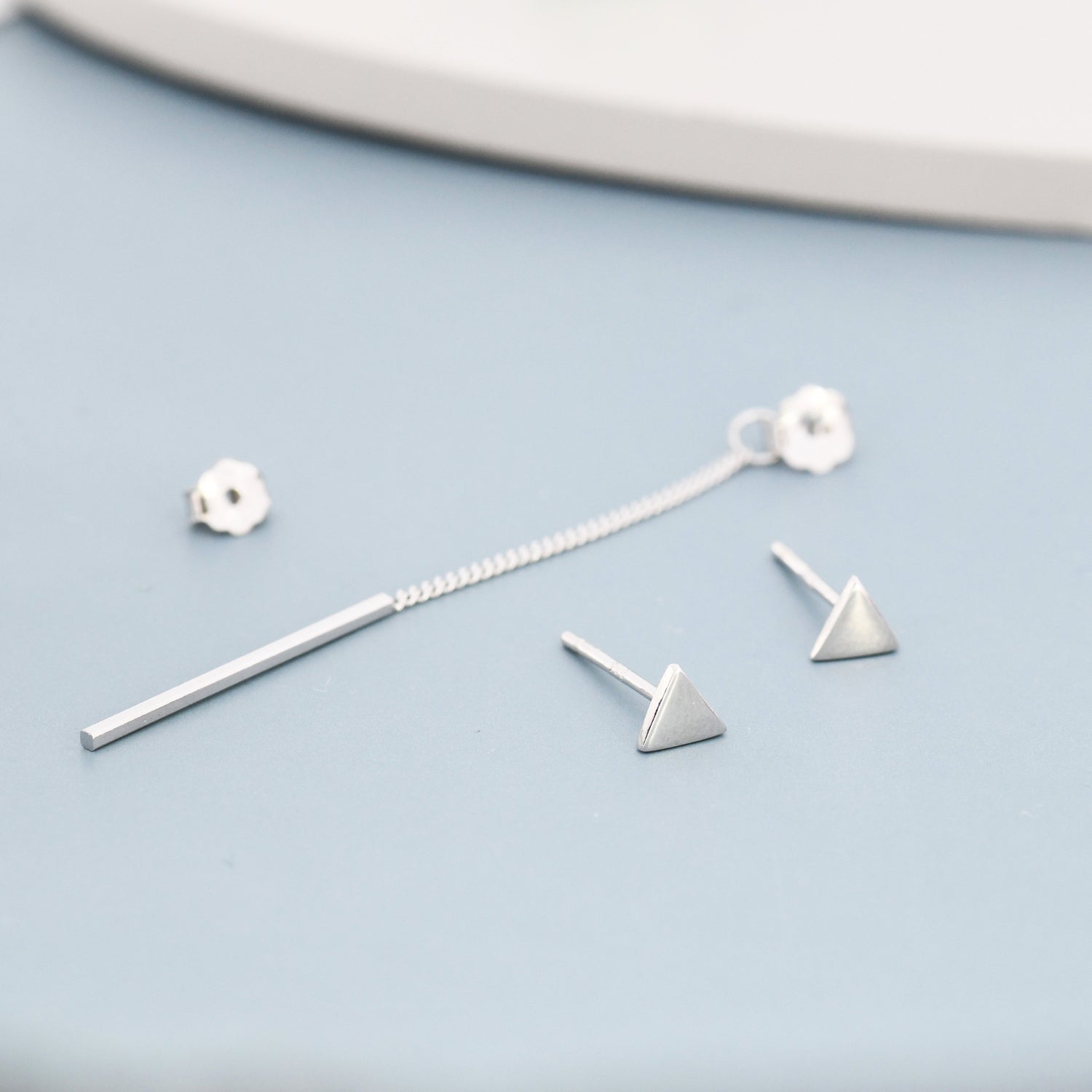 Asymmetric Triangle and Dangling Bar Drop Stud Earrings in Sterling Silver, Silver, Gold or Rose Gold, Triangle Ear Jacket