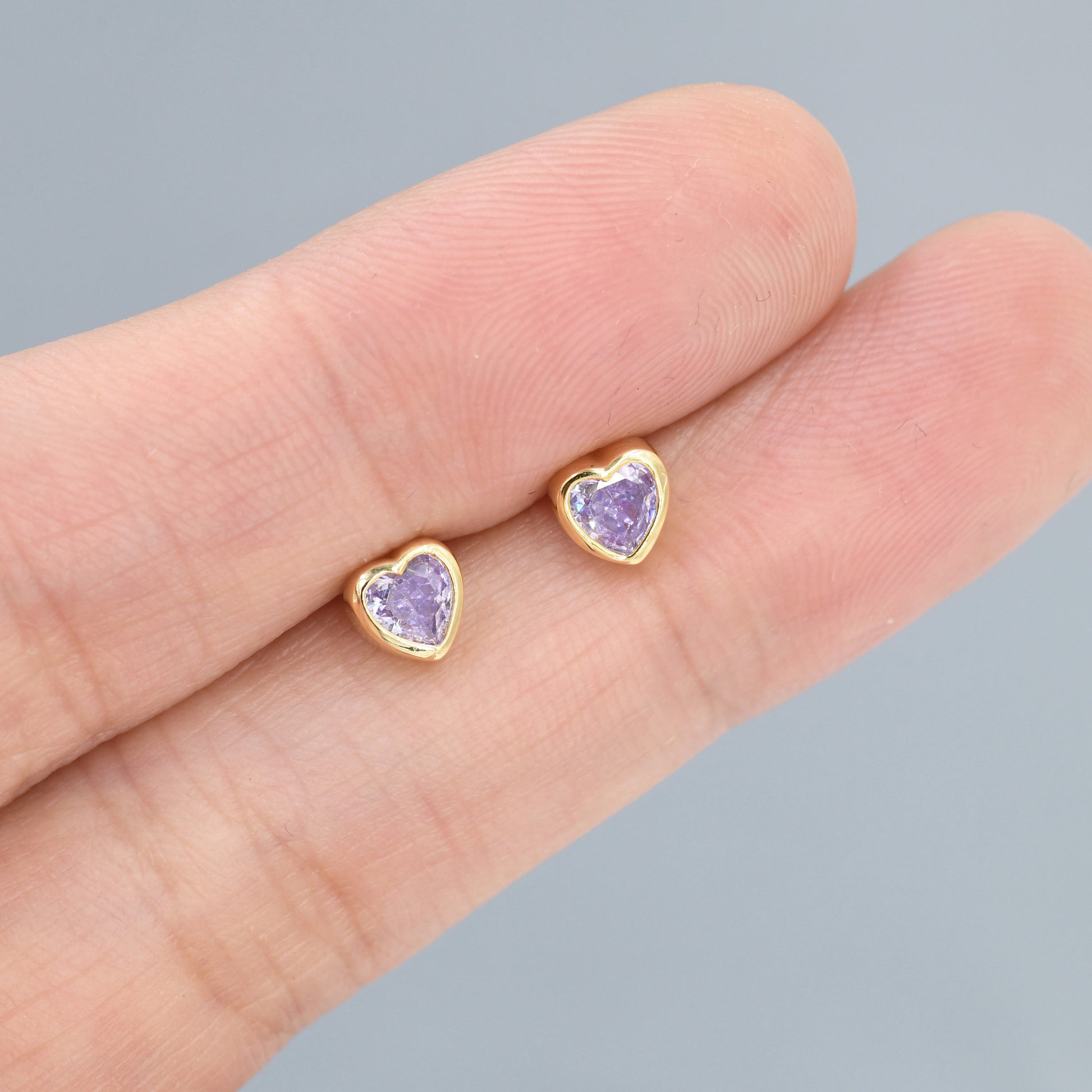Sterling Silver Purple Heart CZ Stud Earrings, Silver or Gold, Heart Stud Earrings, Stacking Earrings