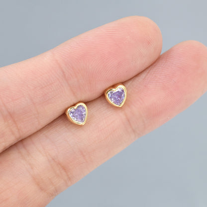 Sterling Silver Purple Heart CZ Stud Earrings, Silver or Gold, Heart Stud Earrings, Stacking Earrings