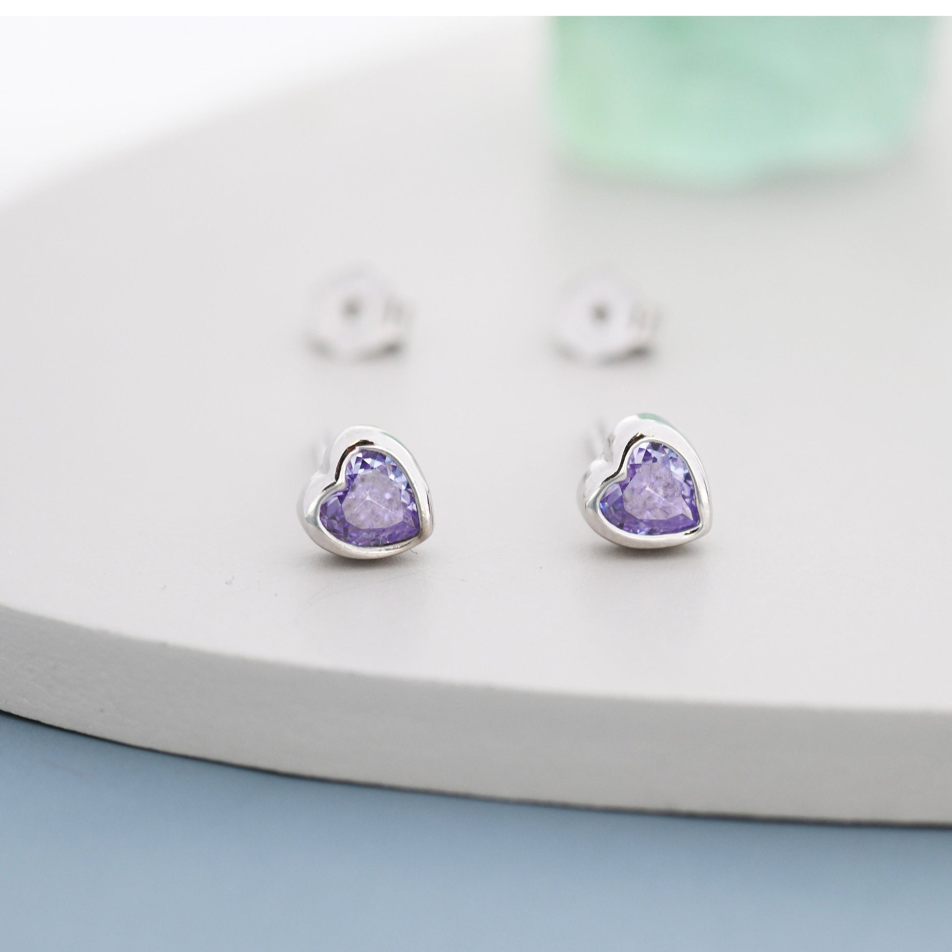 Sterling Silver Purple Heart CZ Stud Earrings, Silver or Gold, Heart Stud Earrings, Stacking Earrings