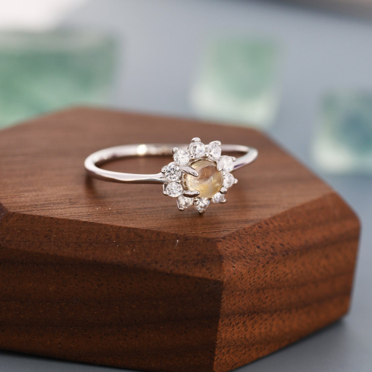 Genuine Citrine Halo Ring in Sterling Silver, US 5 - 8, Natural Citrine Gemstone Ring,  Crystal Flower Ring