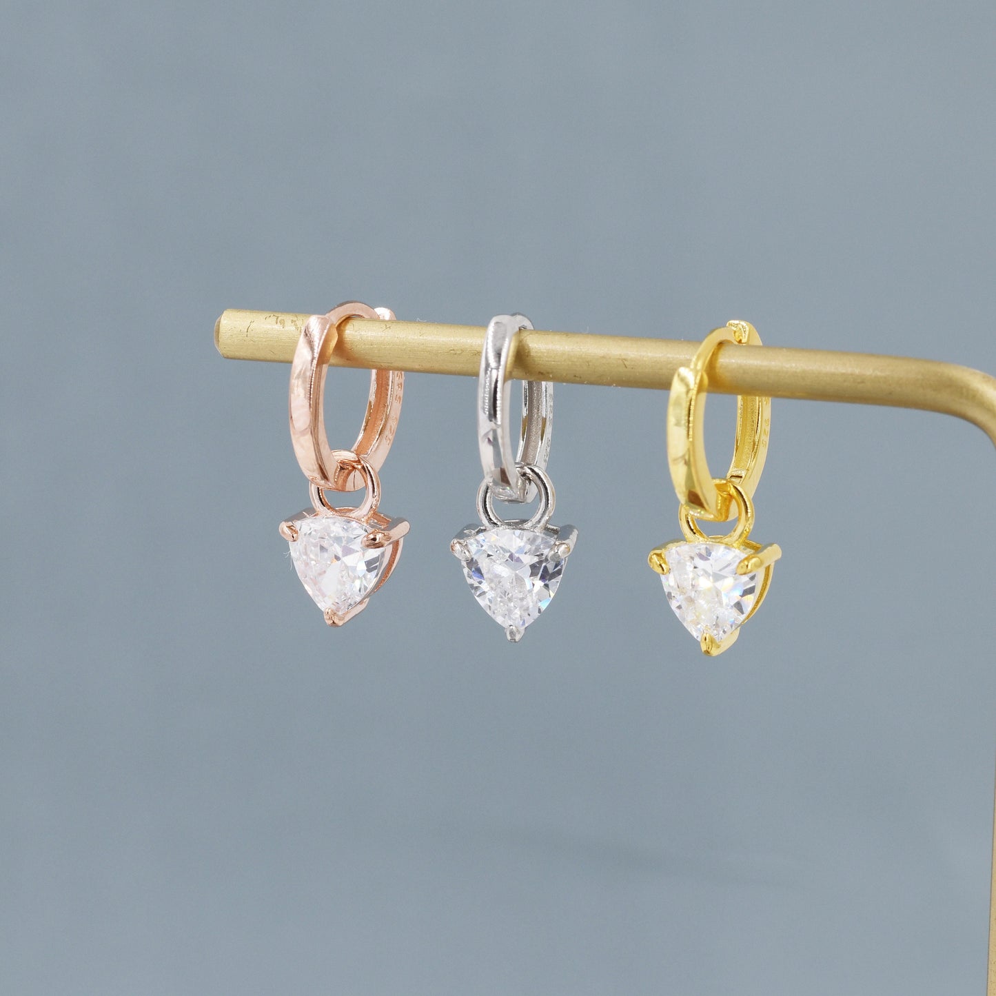 Sterling Silver Trillion Cut CZ Hoop Earrings, Silver, Gold or Rose Gold, Triangle Dangle Hoop Earrings,  Interchangeable Charms