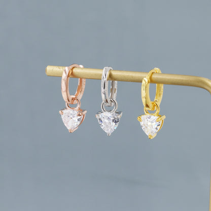 Sterling Silver Trillion Cut CZ Hoop Earrings, Silver, Gold or Rose Gold, Triangle Dangle Hoop Earrings,  Interchangeable Charms