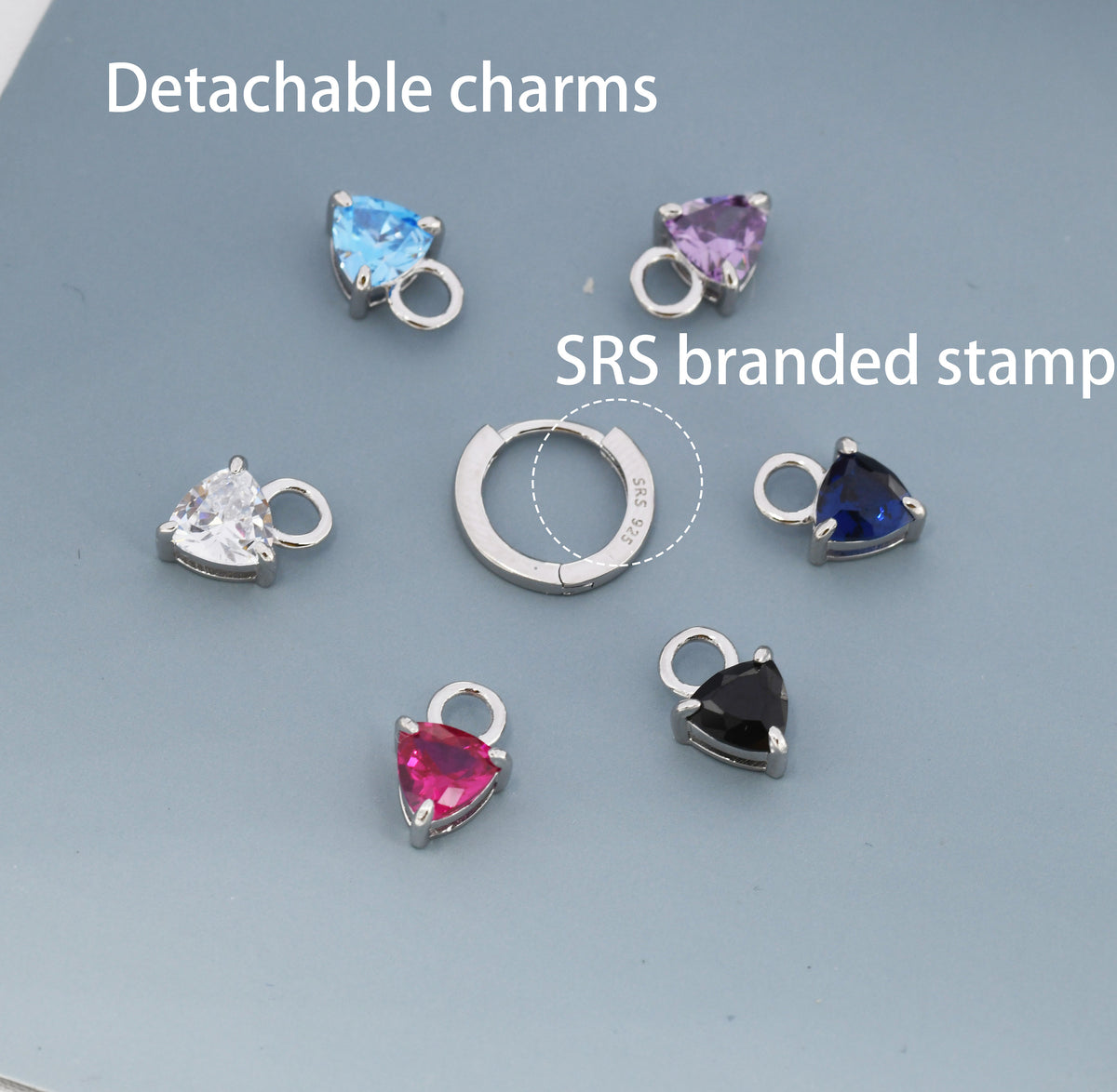 Sterling Silver Aurora AB CZ Trillion Cut Hoop Earrings, Silver or Gold, Triangle Dangle Hoop Earrings, Interchangeable Charm