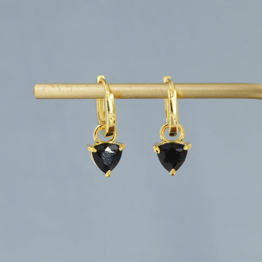 Sterling Silver Black Trillion Cut CZ Hoop Earrings, Silver or Gold, Triangle Dangle Hoop Earrings, Interchangeable Charm