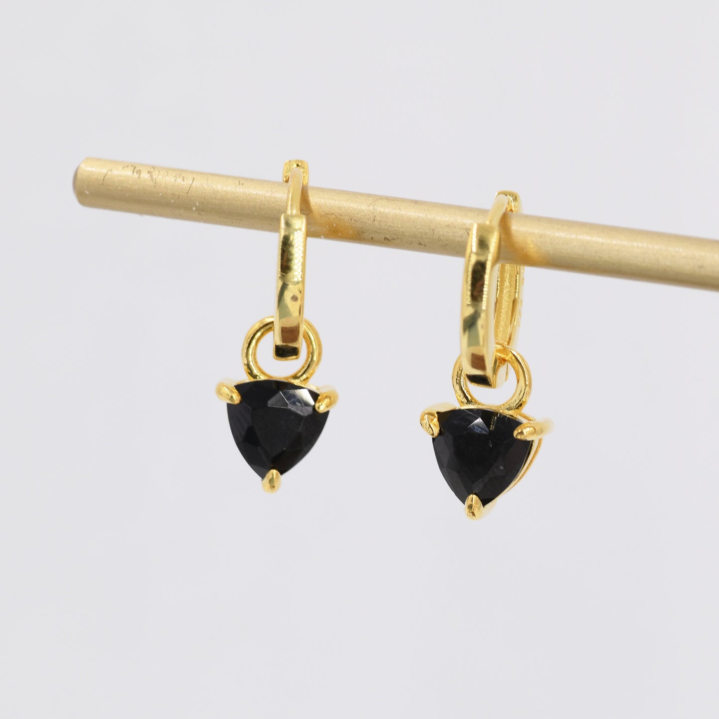 Sterling Silver Black Trillion Cut CZ Hoop Earrings, Silver or Gold, Triangle Dangle Hoop Earrings, Interchangeable Charm
