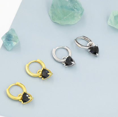 Sterling Silver Black Trillion Cut CZ Hoop Earrings, Silver or Gold, Triangle Dangle Hoop Earrings, Interchangeable Charm