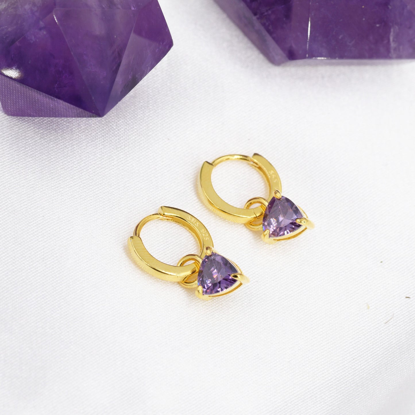 Sterling Silver Amethyst Purple Trillion Cut CZ Hoop Earrings, Silver, Gold, Triangle Dangle Hoop Earrings, Interchangeable Charm