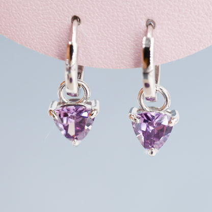 Sterling Silver Amethyst Purple Trillion Cut CZ Hoop Earrings, Silver, Gold, Triangle Dangle Hoop Earrings, Interchangeable Charm