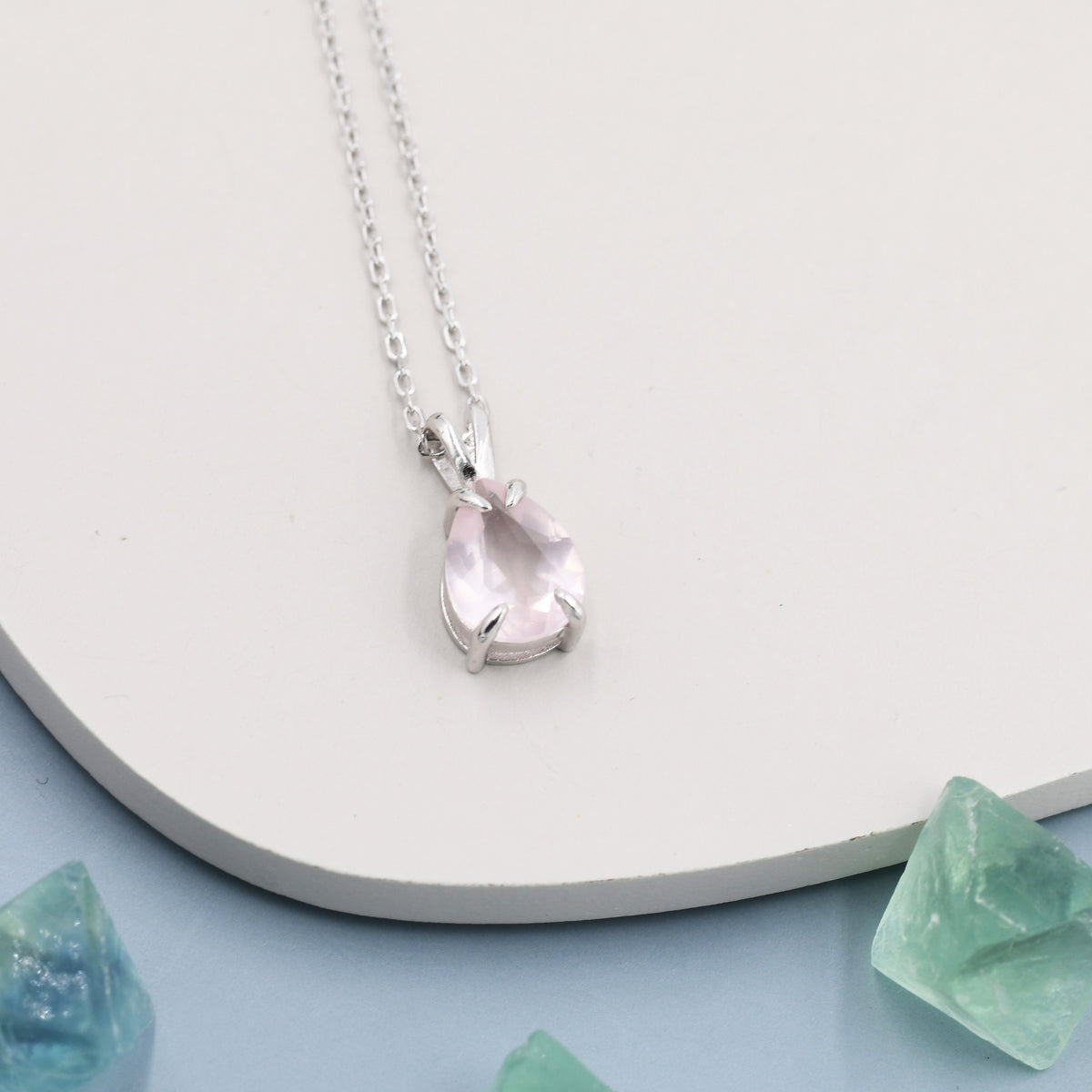 Genuine Rose Quartz Pear Cut Necklace in Sterling Silver, 7 x 9mm, Natural Real Pink Rose Quartz Droplet necklace