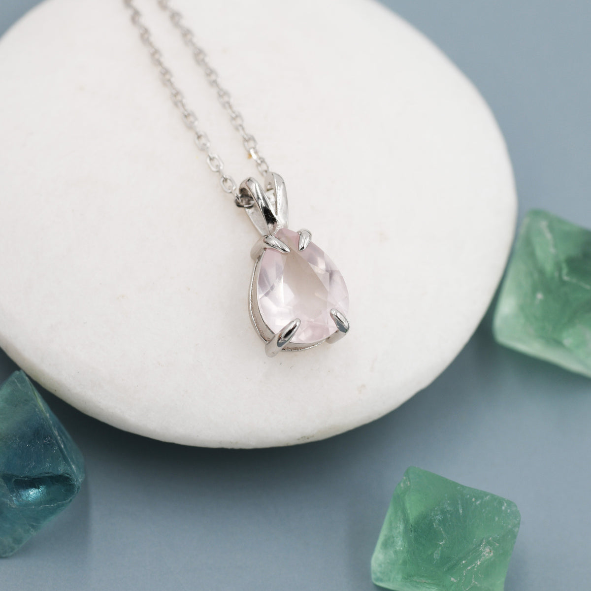 Genuine Rose Quartz Pear Cut Necklace in Sterling Silver, 7 x 9mm, Natural Real Pink Rose Quartz Droplet necklace