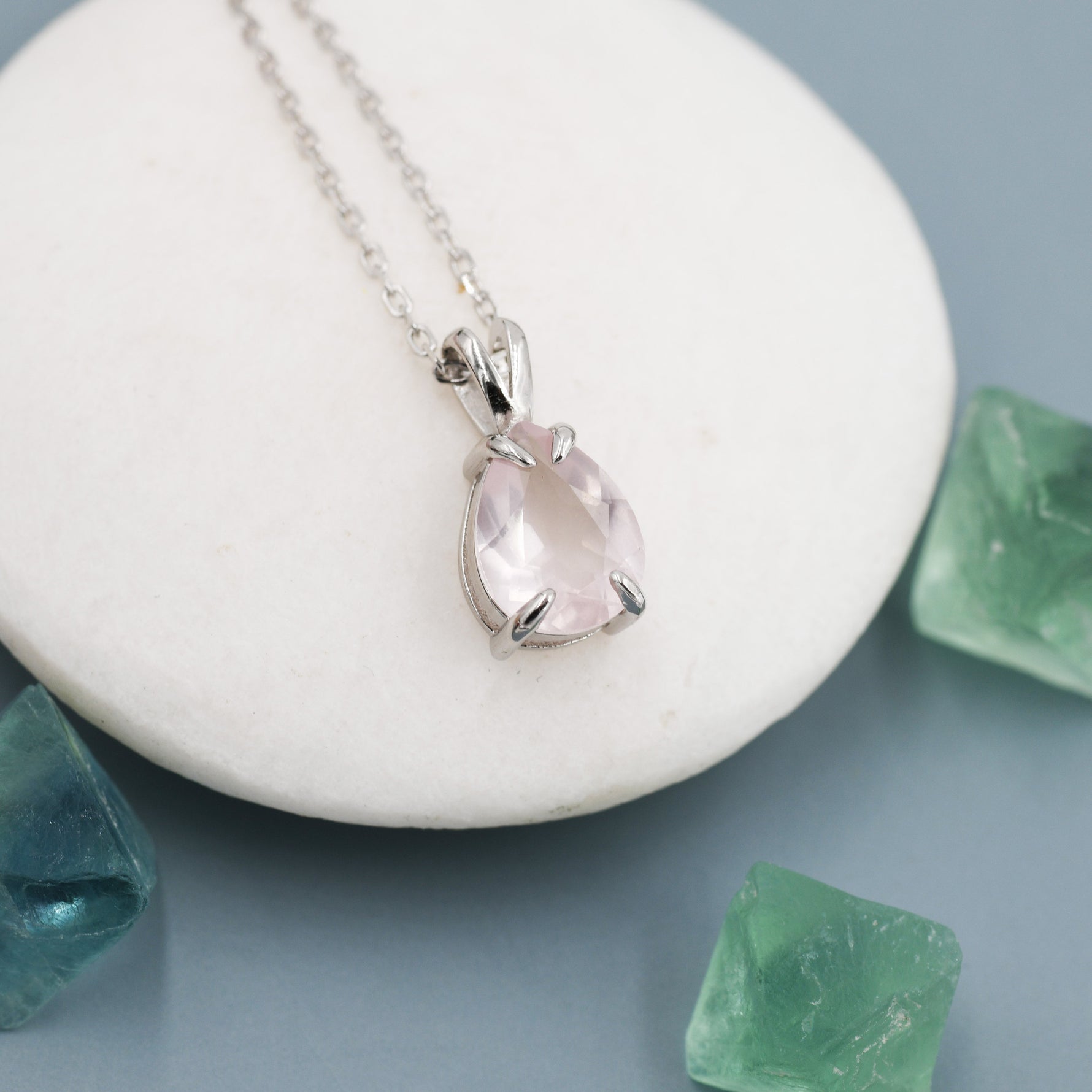 Genuine Rose Quartz Pear Cut Necklace in Sterling Silver, 7 x 9mm, Natural Real Pink Rose Quartz Droplet necklace