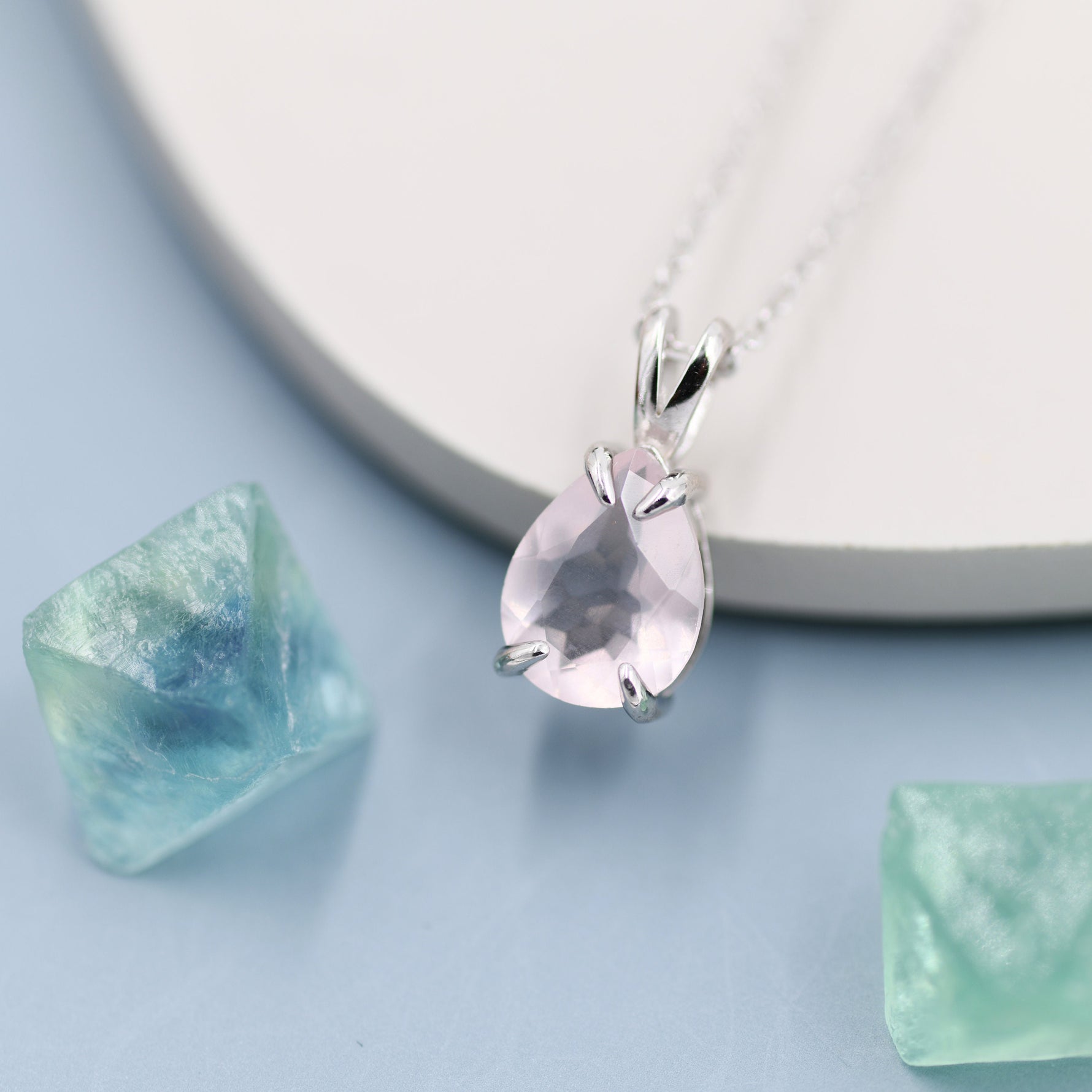 Genuine Rose Quartz Pear Cut Necklace in Sterling Silver, 7 x 9mm, Natural Real Pink Rose Quartz Droplet necklace