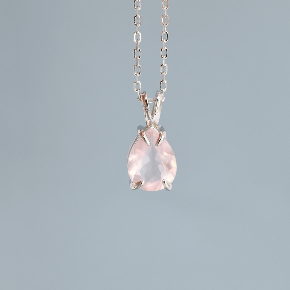 Genuine Rose Quartz Pear Cut Necklace in Sterling Silver, 7 x 9mm, Natural Real Pink Rose Quartz Droplet necklace