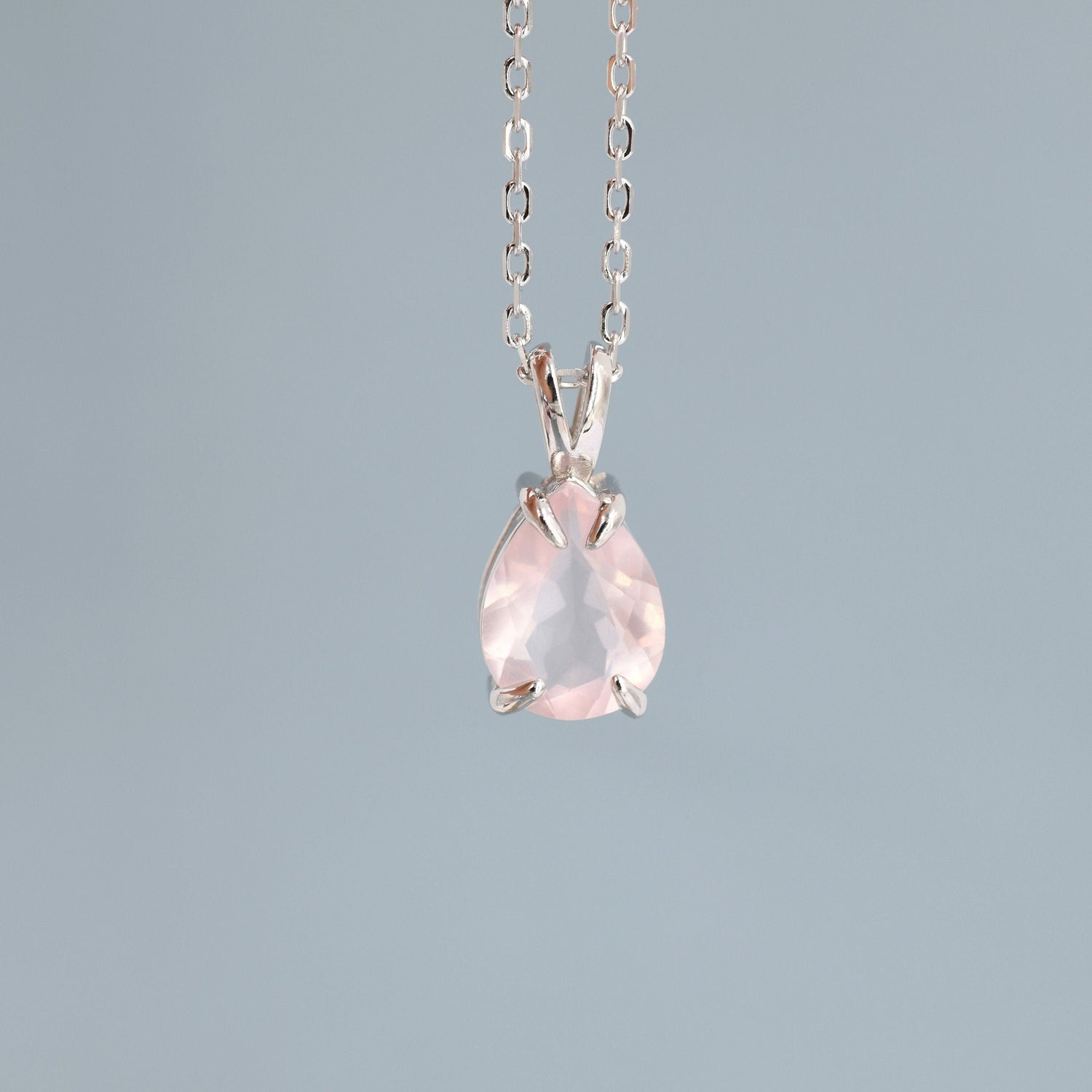 Genuine Rose Quartz Pear Cut Necklace in Sterling Silver, 7 x 9mm, Natural Real Pink Rose Quartz Droplet necklace