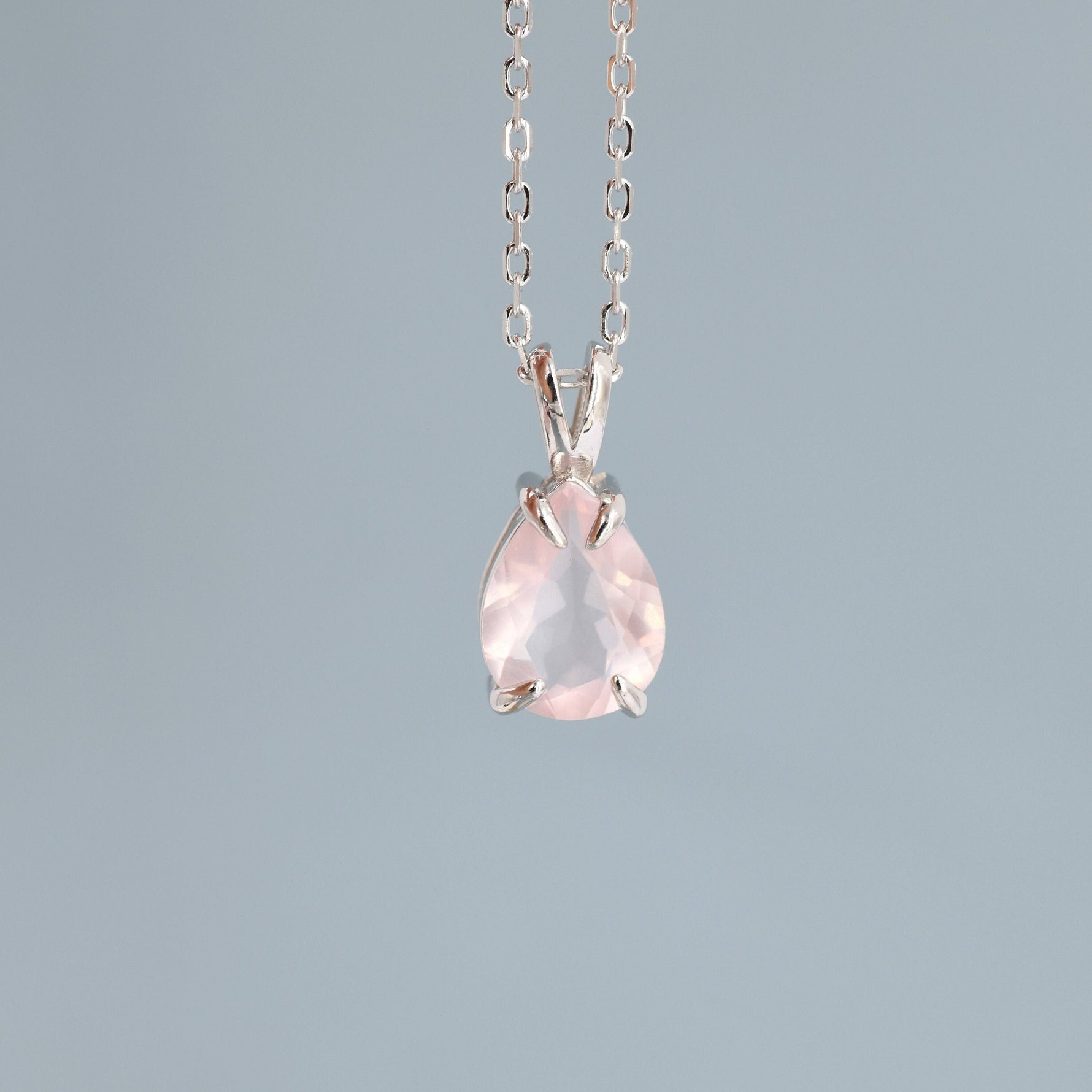 Genuine Rose Quartz Pear Cut Necklace in Sterling Silver, 7 x 9mm, Natural Real Pink Rose Quartz Droplet necklace