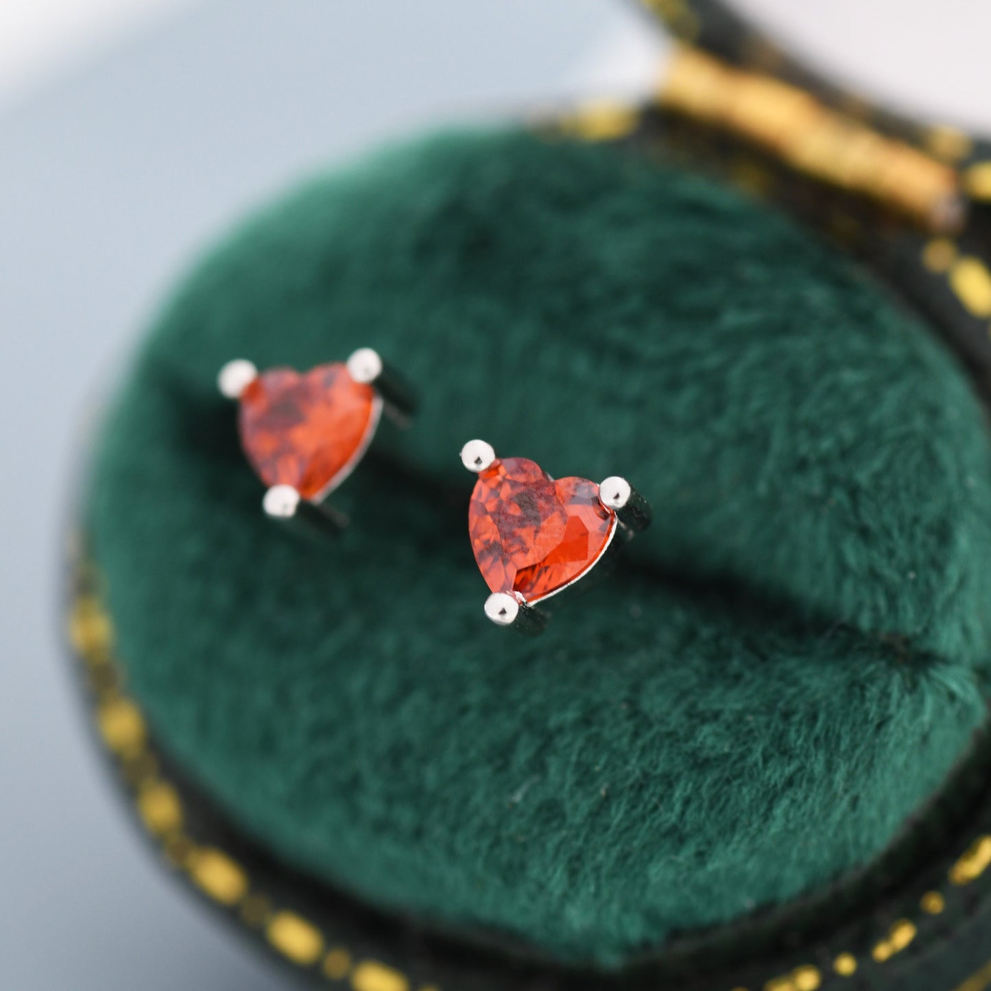 Tiny Garnet Red CZ Heart Stud Earrings in Sterling Silver, Silver or Gold, Red Crystal Heart Earrings, Stacking Earrings